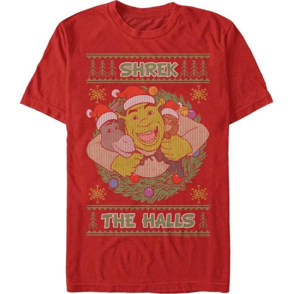 Shrek The Halls Faux Ugly Christmas Holiday Graphic T-Shirt  90